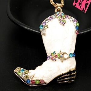 Rhinestone Cute White Enamel Boots Crystal Pendant Necklace NWOT